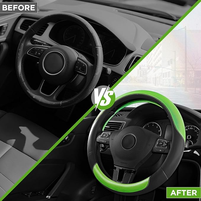Road Comforts Steering Wheel Cover – Breathable Leather Steering Wheel Cover, Anti-Slip Grip, Universal Fit 14.5” to 15”, Heat & Cold Resistant for Cars, SUVs, and Trucks – Black & Green