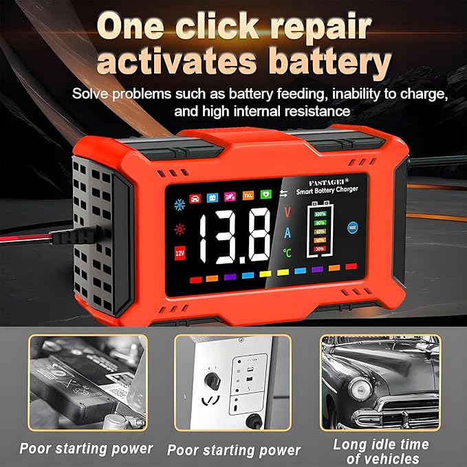 LiFePO4/Lead Acid Battery Charger Smart Battery Trickle Charger 12V 6A Automotive Battery Maintainer Desulfator Temp Compensation for Car Truck Motorcycle Lawn Mower Marine RV