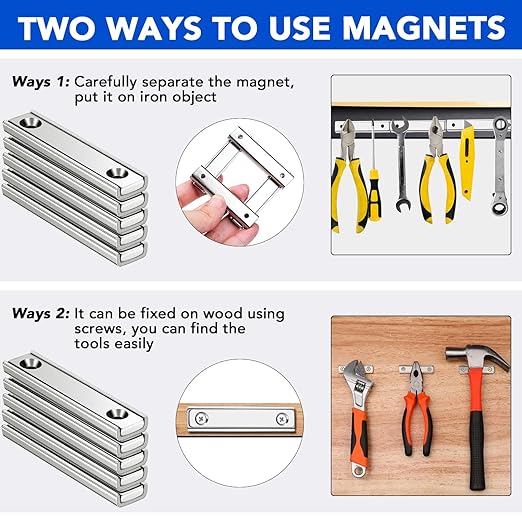 MIKEDE Strong Magnets Bar, 70LB Neodymium Rare Earth Magnet Heavy Duty, 12 Pack Rectangular Magnet with Countersunk Hole and Steel Capsule, Mounting Strips for Home, Garage - 60x13.5x5mm