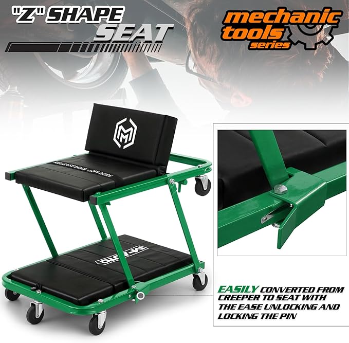 M-AUTO Heavy-Duty Convertible Mechanic Creeper, Z-Creeper 2-in-1 Creeper and Seat 48" Padded Adjustable Headrest Roller Garage Chair with 7 Swivel Casters for Washing, Detailing, Maintenance, Green