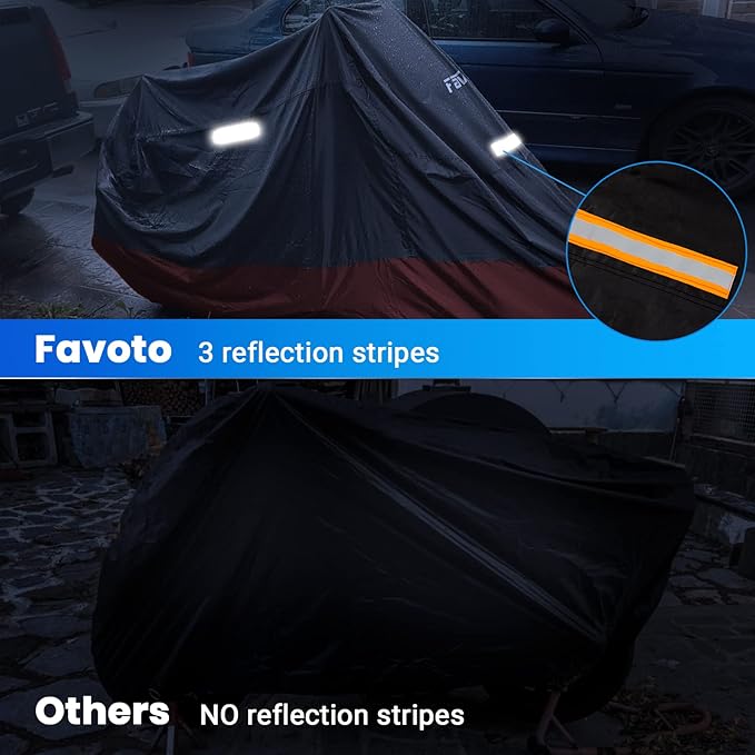 Favoto Motorcycle Cover Waterproof Outdoor - 96.5 inches Length All Season Universal Weather Rain Sun Protection Night Reflector with Lock-Holes Storage Bag Motorbike Vehicle Cover