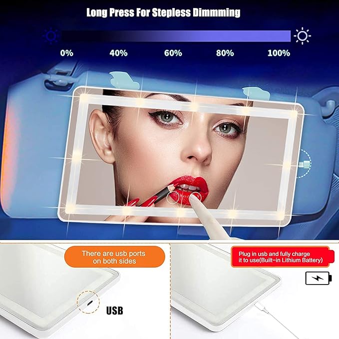 Car Sun Visor Vanity Mirror, Makeup Mirror with 3 Light Modes & 60 LEDs Rechargeable Led Light Car Mirror with Dimmable Touch Screen, Rear View Sun-Shading Travel Cosmetic (White,1 Pack）