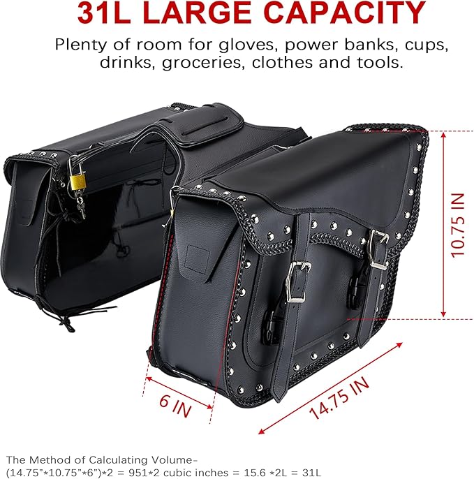 Dream Apparel Naked Cowhide Leather Motorcycle Saddle Bags Studded Throw Over Saddlebags, Motorcycle Side Bags for Honda Shadow Sportster Softail Dyna V-star (Black, With Studs)