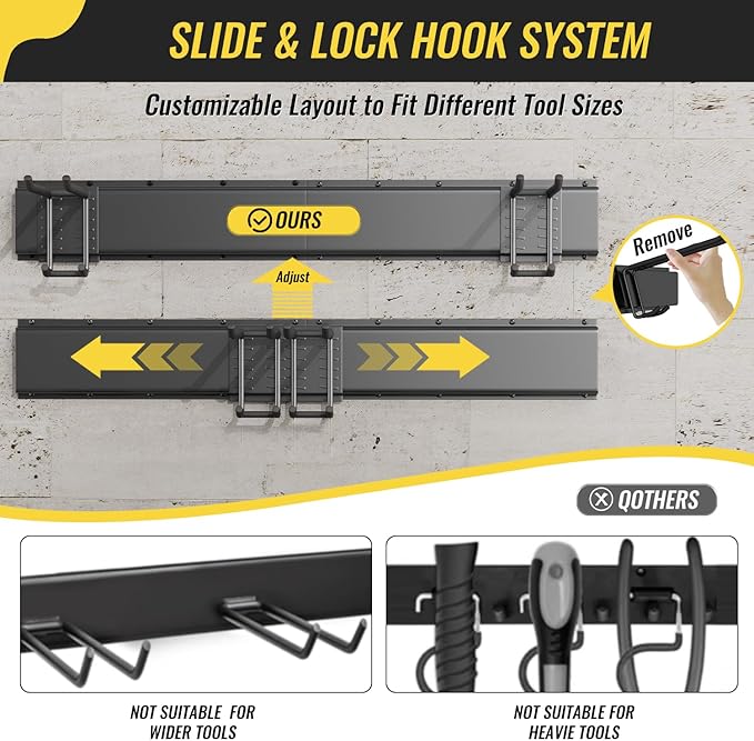Garage Tool Rack Wall Mount – 32 Inches Heavy-Duty Garden Tool Holder with 4 Adjustable Hanging Hooks – Garage Wall Storage Organizer for Shovel, Rake – Max Load 360 lbs (32 inch)