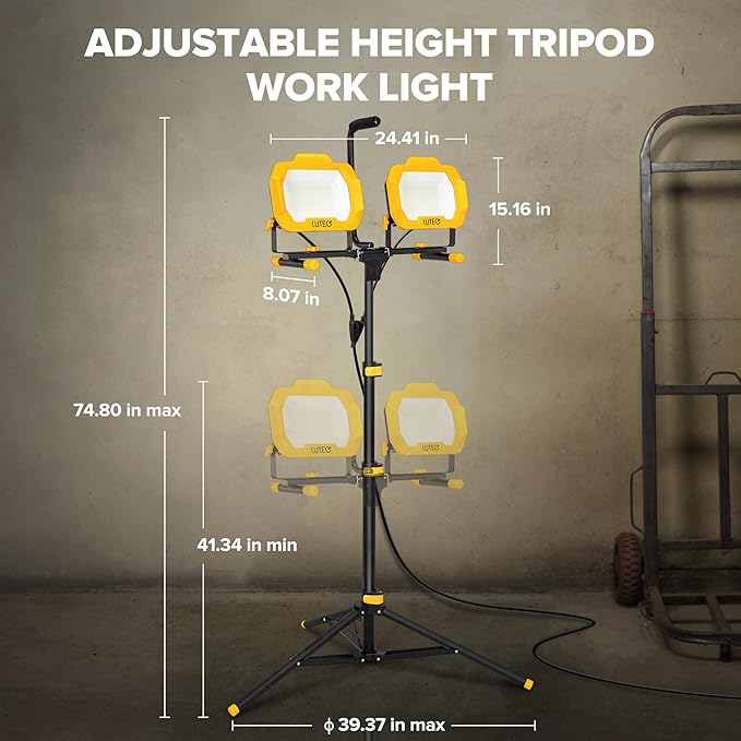 LUTEC 25000 Lumen LED Work Lights with Stand, Dual Head Dimmable Work Light with 6 Brightness Levels, IP65 Waterproof Rotating WorkLights with Telescoping Tripod and 8.2 Ft 3-Prong Power Cord
