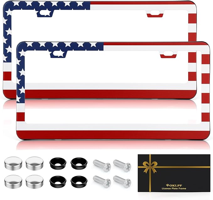 OKLPF Premium American Flag License Plate Frame, Red and Blue License Plate Cover, Aluminum Matte License Plate Front and Rear 2 Packs. (2 Holes), Come with Screw Cap, Screw,Washer