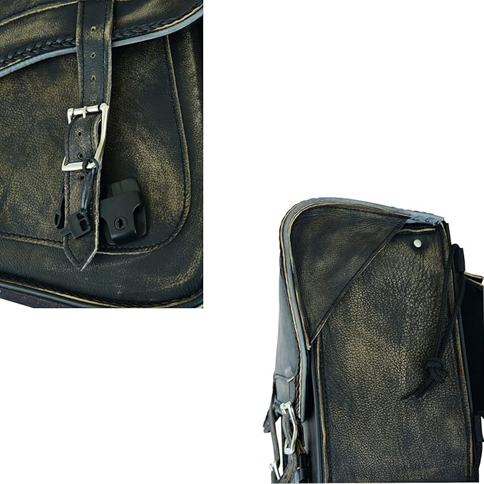 GARGOYLE BELLS Motorcycle Saddle Bags Genuine Leather Motorcycle Luggage Bag For Softails Sportsters and Choppers (No Stud, Distressed Brown, 13”x13“x10”)