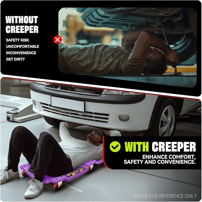 Auto Dynasty 36 Inches Mechanic Creeper, Automotive Garage Repair Low Profile Under Car Rolling Creeper with Padded Headrest, Plastic, Purple