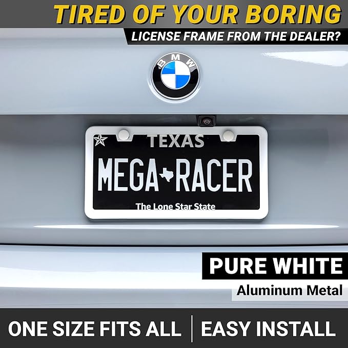 Premium Slim White License Plate Frames – 2 Pack, Rust-Free Stainless Steel, Street Legal & Rattle-Free, Universal Fit with Screw Covers, Sleek Thin Metal Front & Rear Car Tag Holders for Men & Women