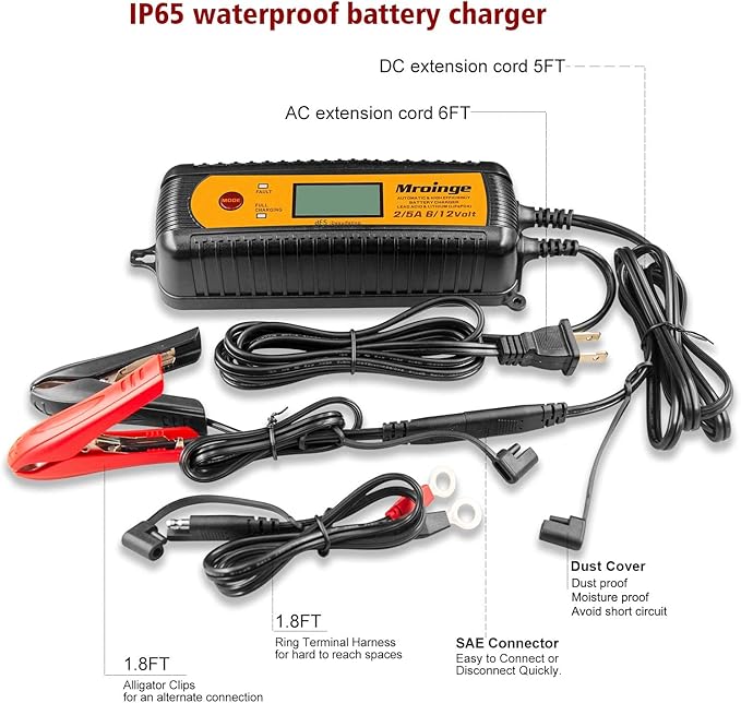 Car Battery Charger, Mroinge 5A 6V/12V Fully Automatic Smart Charger, Battery Maintainer, Trickle Charger and Battery Desulfator for Lead Acid and Lithium Batteries, with LCD Display, MBC050-LCD