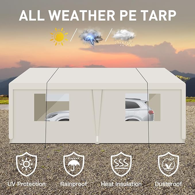 Car Canopy Portable Garage Duty Carport with Roll-up Windows,Portable Garage with Removable Sidewalls & Doors, Car Canopy with All-Season Tarp for Car Boat Truck Motorcycle 10FT×20FT (White)