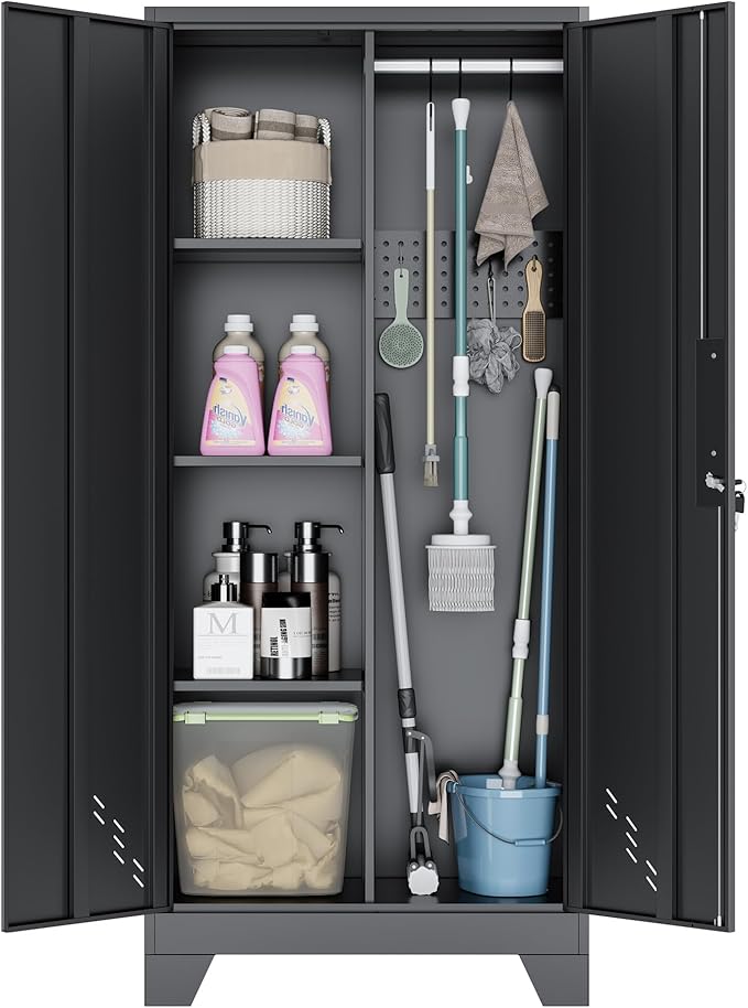 Metal Storage Cabinet,61" Tall Storage Cabinet,Utility Cabinet for Brooms and Mops,Laundry Room Cabinets,Tool Lockable Organization,Black