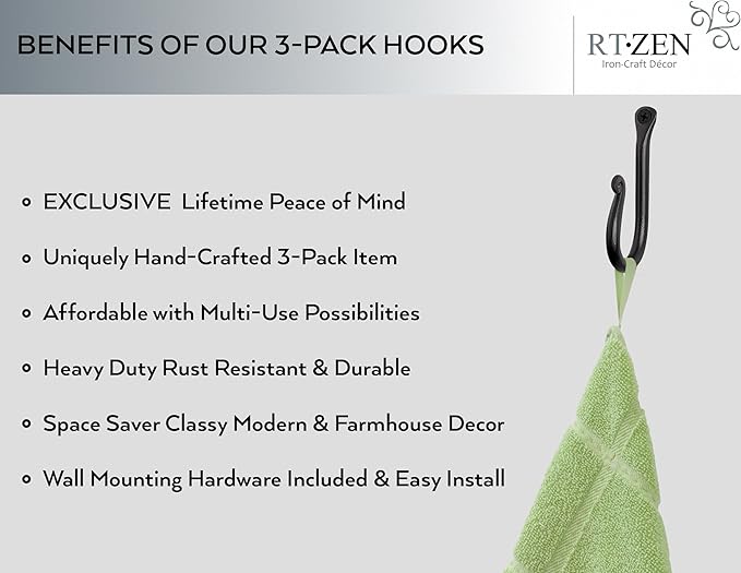RTZEN Wall Mount Hook Set - Wrought Iron Decorative Rustic Metal Coat Hooks for Hanging - Handcrafted Classic Farmhouse Wall Mounted Black Hooks for Towel Robe or Hat Hanging - 3 Pack