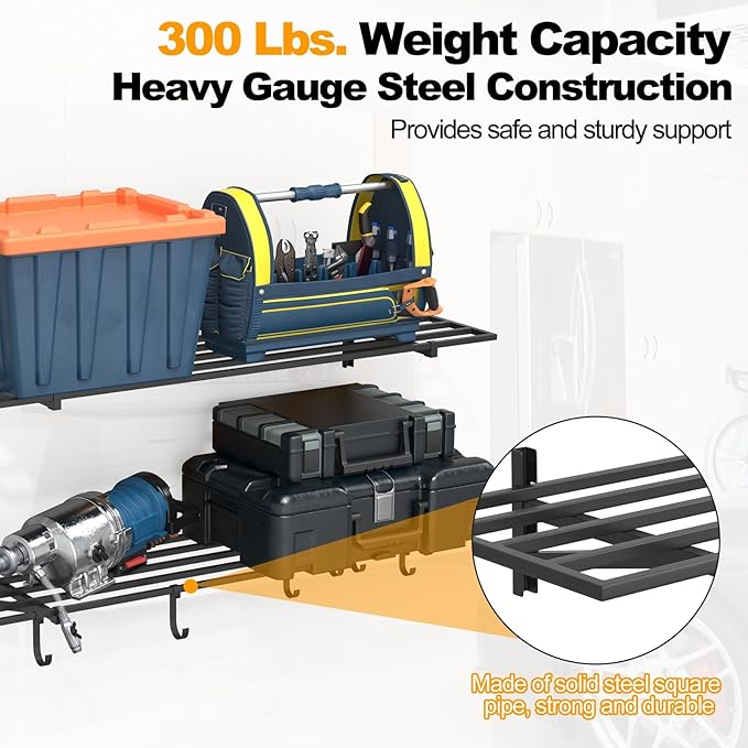 2-Pack 1×4ft Steel Wall Mounted Garage Shelves with Hooks, 300LB Each Heavy Duty Shelving for Garage Storage & Organization
