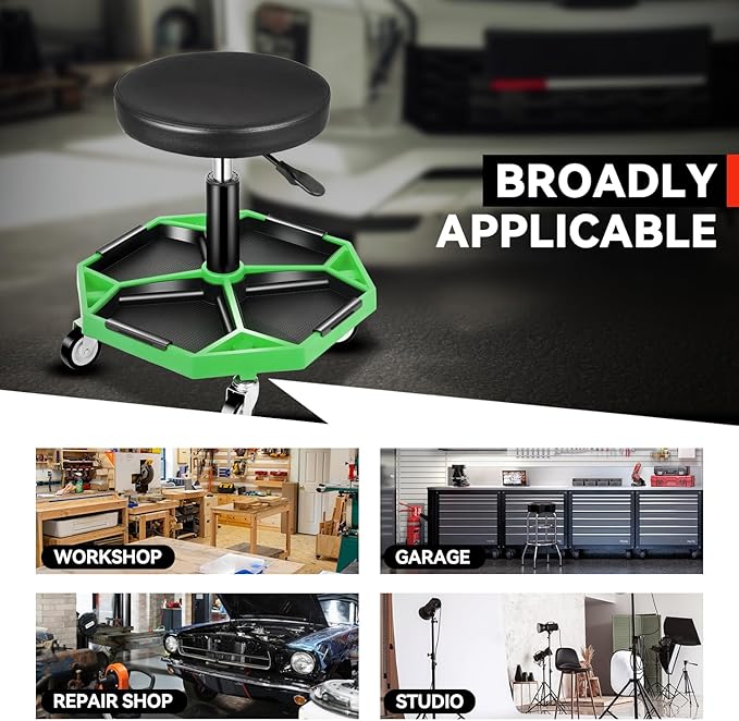 Auto Dynasty Mechanic Stool, Adjustable Rolling Pneumatic Creeper Garage Shop Seat with Tool Tray, 300 LBS Roller Seat for Workshop Auto Repair, Adjustable Height 15.7" to 21", Green