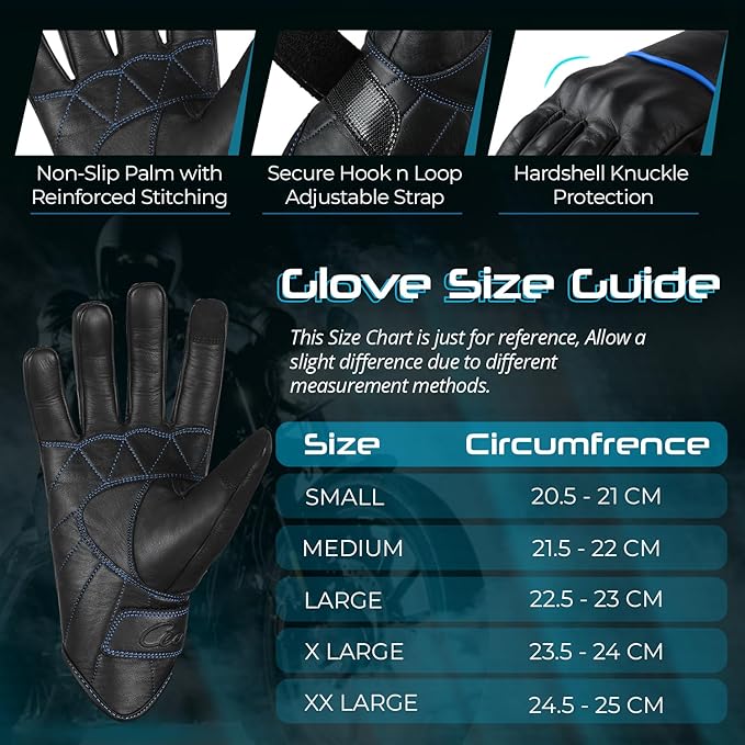aasportx Motorcycle Gloves - Men's Leather Motorbike Gloves with Touchscreen Function - Non-Slip Pads for Men & Women