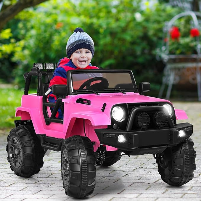 Costzon Ride On Car, 12V Battery Powered Electric Ride On Truck w/Parental Remote Control, LED Lights, Double Open Doors, Safety Belt, Music, MP3, Spring Suspension (Pink)
