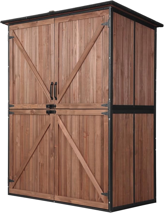 Aivituvin Outdoor Storage Shed Upgraded with Strong Metal Frame Garden Tool Shed Storage House Cabinet with Adjustable Shelfs and Wooden Floor 4.6 x 2.42FT (Dark Brown)