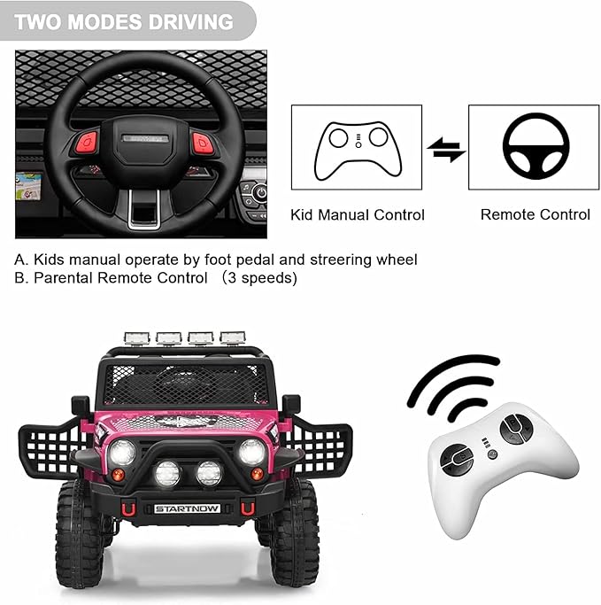 2-Seat Kids Ride on Truck Car, 12V Battery Powered Electric Vehicle with Remote, Electric Car for Kids/Toddlers w/Spring Suspension, LED Light, Music, MP3, 2 Doors, 3 Speeds, (Pink)
