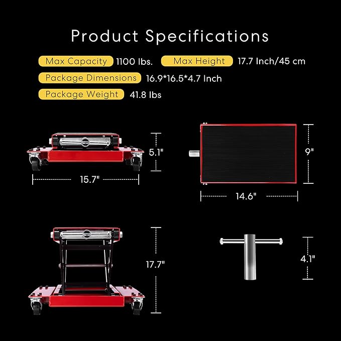 VIVOHOME 1100 Lbs Steel Wide Deck Motorcycle Lift ATV Scissor Lift Jack with Dolly and Hand Crank Bikes Garage Repair Hoist Stand Red