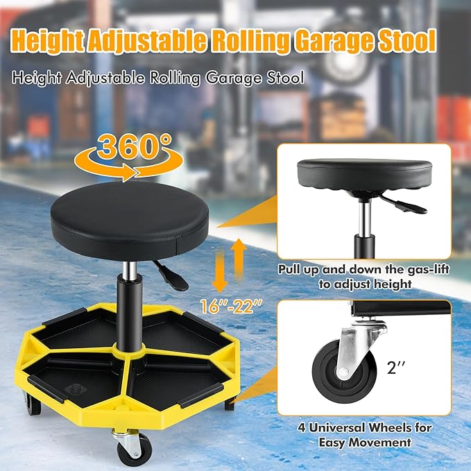 Adjustable Mechanic Rolling Stool, Pneumatic Rolling Stool with Wheels, Tool Storage Tray & Padded Seat Cushion, Garage Stool Chairs Creeper Seat (Yellow)