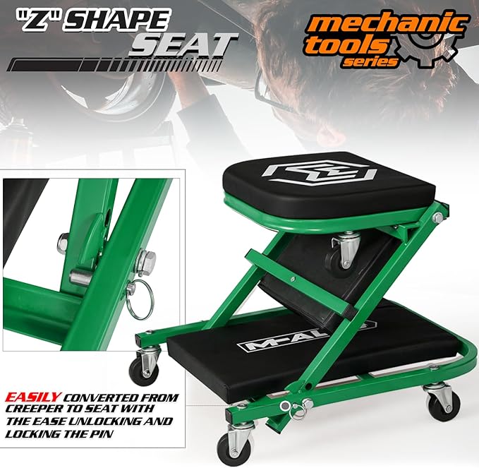M-AUTO 40-Inch Folding Creeper Rolling Seat, All-in-One Adjustable Roller Garage Chair, Lay Down or Sit, 330LBS Capacity Under Car Roller Creeper with 6 Swivel Casters, Green