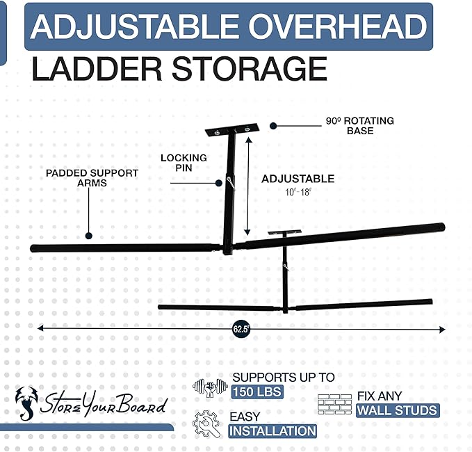 StoreYourBoard Double Ladder Ceiling Rack – Hi Port 2 Garage Ceiling Ladder Hanger | Adjustable Overhead Ladder Storage for Step & Extension Ladders | Garage Organization | Holds 150 lbs