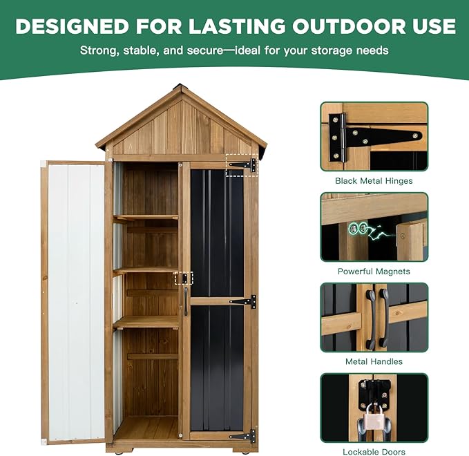 Outdoor Storage Cabinet – Weatherproof Wood & Metal Storage Shed with Adjustable Shelf, Lockable Doors, and Stability Features for Garden, Patio, and Backyard, 27 1/2”x 13”x 67” (Brown+Black)