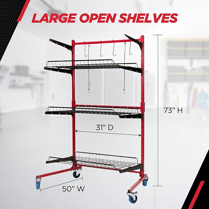 Champ® Parts Caddy Pro™ Auto Body Parts Rack Option 1 with Wheels, All-Steel Cart for Repair Shops and Garages, Locking Casters, 150 lb Capacity Per Shelf, Adjustable Shelves, Powder Coated - Red