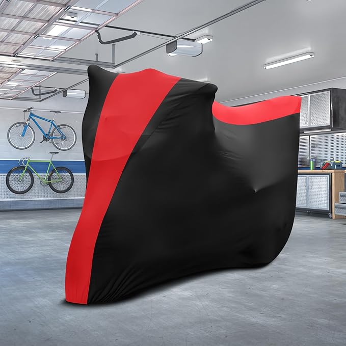 Indoor Motorcycle Cover, Soft Stretch Elastic Dustproof Protection Windproof Cover for Bike, Black and Red Stitching Motorcycle Cover for 109 x 41 x 54 in