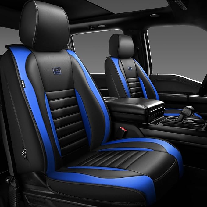CAR PASS Nappa Leather Car Seat Covers Front Seats, Luxury Seat Protector for Cars, Waterproof Anti-Slip Seat Cushion Armrest Compatible Airbag Universal for Sedan SUV Pick-up Truck Auto, Black Blue