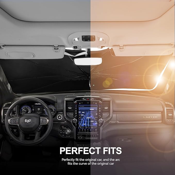 2019-2025 Upgraded for Ram 1500 Sunshade, Portable Foldable Sunshade Accessories, [Nano Ice Crystals Coating] UV Protection, Keeps Interior Cool (for Ram 1500 2019-2025)