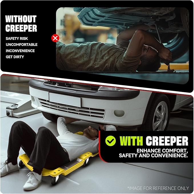 Auto Dynasty 40 Inches Mechanic Creeper, Automotive Garage Repair Low Profile Under Car Rolling Creeper with LED Light and Padded Headrest, Plastic, Yellow