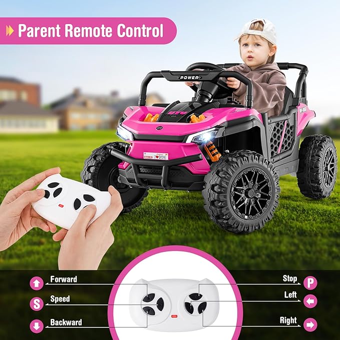 Costzon Kids UTV, 12V Battery Powered Electric Off-Road Car w/Remote Control, Sounds, Wireless Connection, 3 Speeds & 4-Wheel Suspension, Kids Ride on Truck, Gift for Boys & Girls 3+ Years Old (Pink)