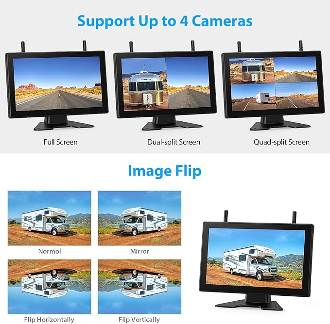 4 Magnetic Solar Wireless Backup Camera HD1080P DVR 10.1" Touchscreen Monitor, Quad RV Rearview Backup Cameras Wireless System for RV Trailer Tractor, Built-in 9600mAh Solar Battery, BL104