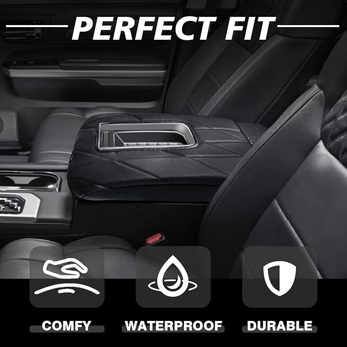 Muslogy Center Console Armrest Cover Compatible with Toyota Tundra 2014-2021 Comfort Armrest Pad Arm Rest Cushion Vegan Leather Protector Regular Thick(Bucket Seat ONLY)