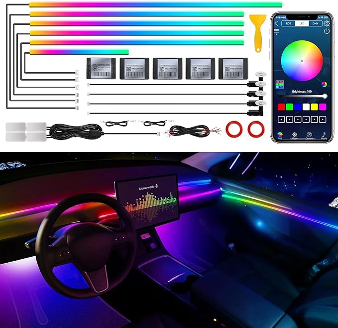 Dream+Color Acrylic Interior Car LED Strip Light with Wireless APP, RGB 14 in 1 with 175 inches 593 Neon Ambient Lighting Kits, Dynamic Chasing Music Sync LEDs Fiber Optic Strip Lights for Car