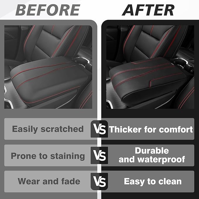 Muslogy Armrest Cover Center Console Cover Compatible with 2024 2025 GMC Acadia & Chevrolet Chevy Traverse Accessories Vegan Leather Arm Rest Middle Console Protector (Black/Red Stitching)