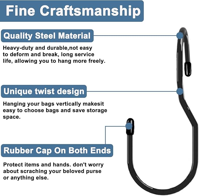 Purse Hanger for Closet, Unique Twist Design Bag Hanger Purse Hooks, 5 inch Large Size Closet Rod Hooks for Hanging Bags, Purses, Handbags, Belts, Scarves, Hats,Clothes, Pans and Pots (12 Pack Black)