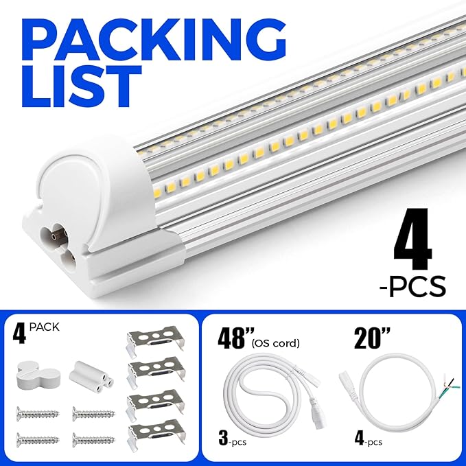 Barrina 8FT LED Shop Light, 100W 15000LM 5000K, Clear Cover Linkable LED Tube Lights, V Shape Integrated T8 LED Lighting, LED Light Fixtures for Garage, Warehouse, Workshop, ETL Listed, 4 Pack