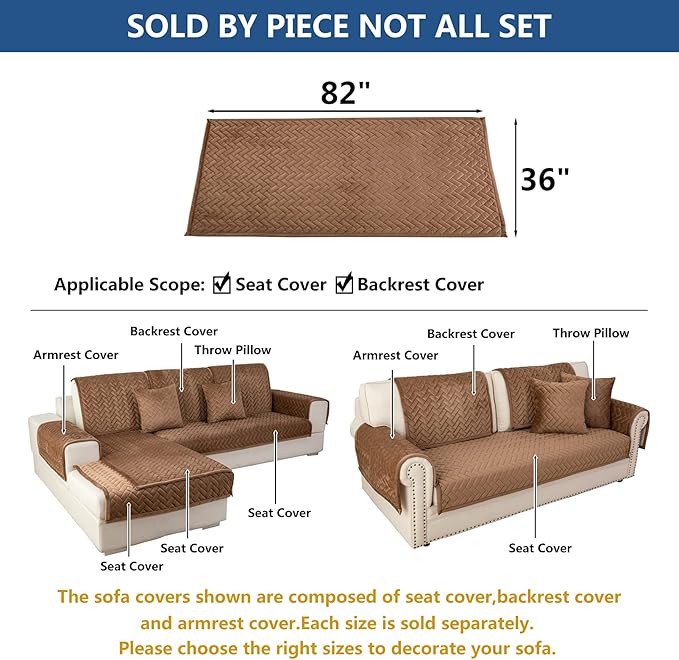 Eismodra Couch Cover,Sectional Couch Covers,Sofa Covers for 3 Cushion Couch,Anti-Slip Sofa Slipcovers for Dogs Cats Kids Loveseat Recliner L Shaped Armrest Backrest,Brown 36''x82''(Only 1 Piece)