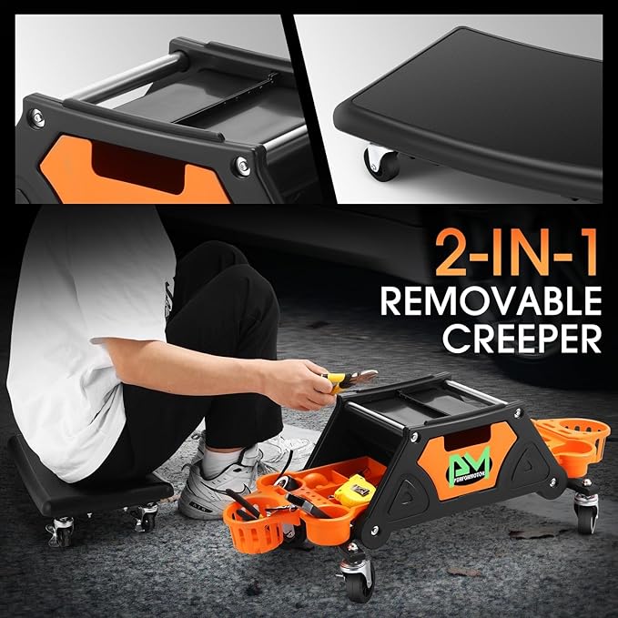 PM PERFORMOTOR Mechanic Stool - 25-1/2" x 13" x 12" (L x H x W), Rolling Work Seat w/Lockable Swivel Wheels and Storage Tool Tray, Orange,PM-TOL-CRS-OG