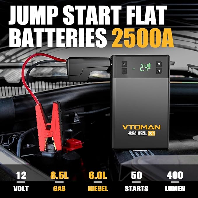 VTOMAN X1 Jump Starter with Air Compressor, Car Battery Jumper Starter (2500A, Up to 8.5L Gas/6L Diesel Engine) with 150PSI Auto Tire Inflator, 12V Portable Booster Pack, Lithium Jump Box Charger-Gray