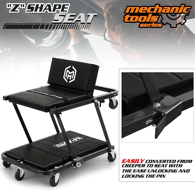 M-AUTO Heavy-Duty Convertible Mechanic Creeper, Z-Creeper 2-in-1 Creeper and Seat 48" Padded Adjustable Headrest Roller Garage Chair with 7 Swivel Casters for Washing, Detailing, Maintenance, Black