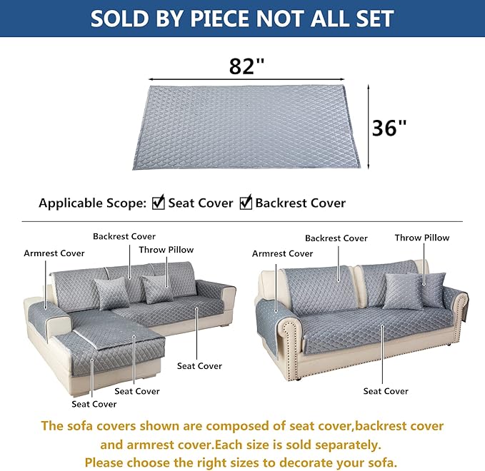 Eismodra Couch Cover,Sectional Couch Covers,Sofa Covers for 3 Cushion Couch,Anti-Slip Sofa Slipcovers for Dogs Cats Kids Loveseat Recliner L Shaped Armrest Backrest,Light Gray 36''x82''(Only 1 Piece)