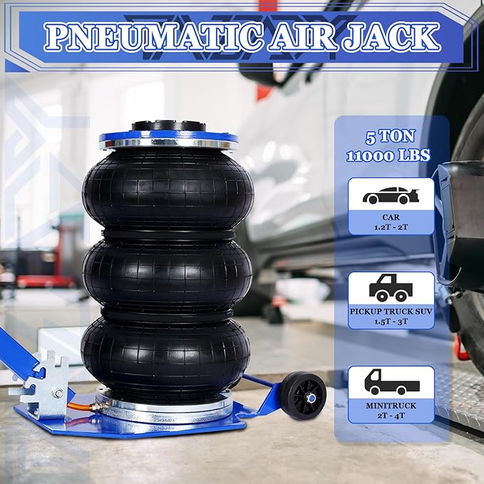 5T Triple Bag Air Jack 11000lbs Pneumatic Jack 3s Fast Lift Up 16in Airbag Jack with Adjustable Long Handle Heavy Duty Triple Air Bag Jack Lift for Cars Garage (Blue)
