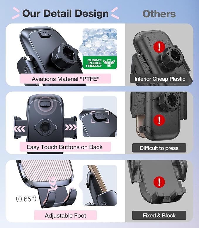 TORRAS Pink Phone Holders for Your Car【True Military-Grade & Strongest Suction】, Universal Car Phone Holder Mount Truck Cradle Stand for Dashboard Windshield Vent, Pink Car Accessories