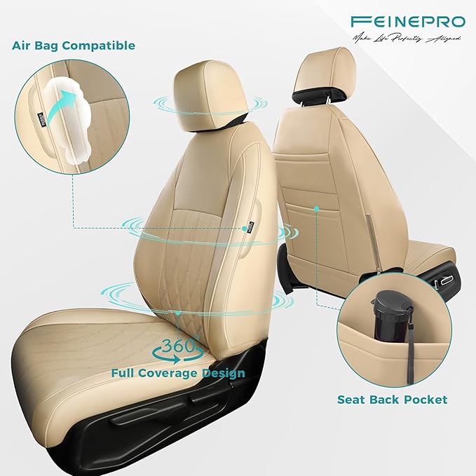 Seat Covers for Honda Civic Sedan LX 2016 2017 2018 2019 2020 2021, Faux Leather Car Seats Cover Full Set (Rear Row Solid & No Folding Backrest)-Beige