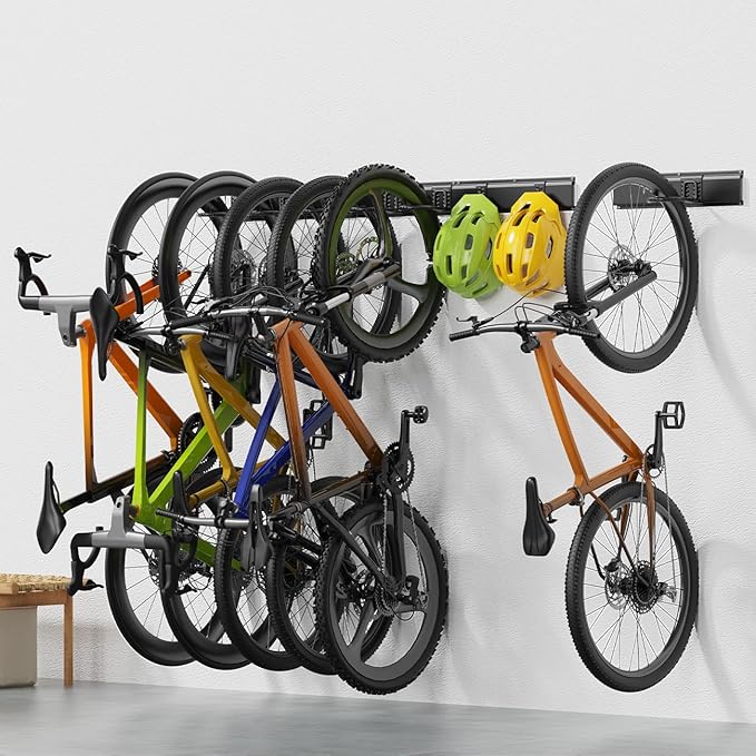Bike Storage Rack 48Inch for 6 Bikes + 5 Helmets, Up to 500lbs, Heavy Duty Bike Hangers for Garage, Bike Hooks for Garage, Solid Steel Bicycle Storage, Bike Wall Mount, New Black