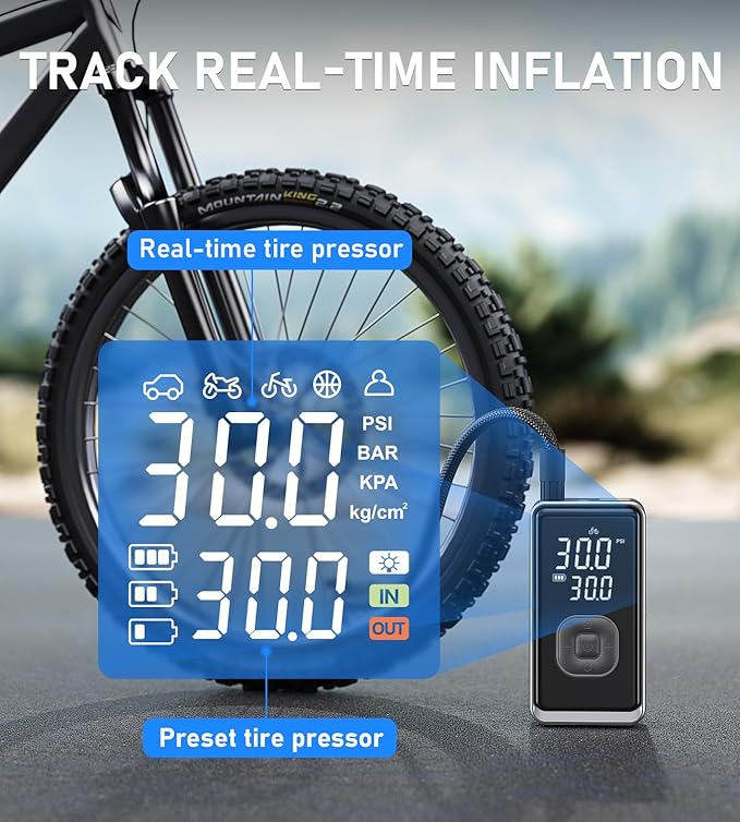 Tire Inflator Portable Air Compressor, 150PSI Cordless Mini Air Pump with Digital Pressure, Bike Pump, 3X Fast Inflation Tire Inflator for Car, Motorcycle, Bike, Ball-LED Light and Auto Shut-Off